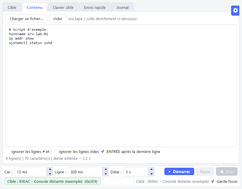Onglet Contenu : zone de texte avec un script d'exemple et options d'envoi