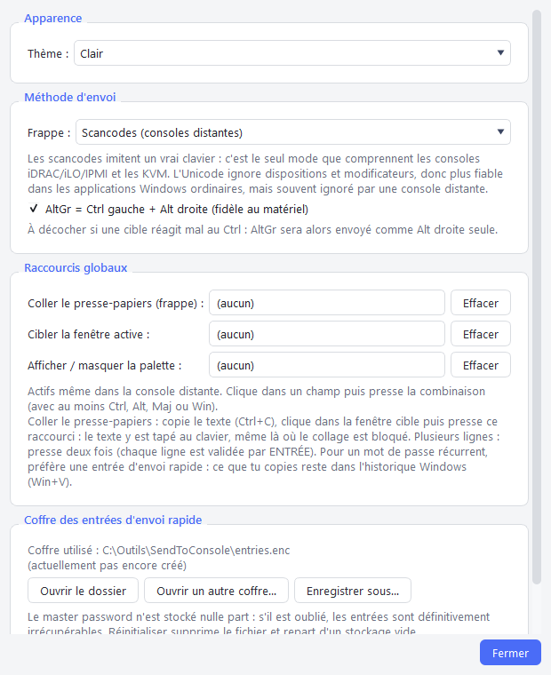 Fenêtre Options : apparence, méthode d'envoi, raccourcis globaux, coffre