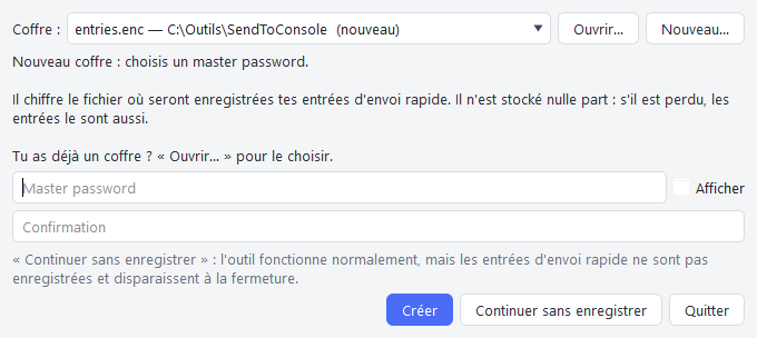 Dialogue de déverrouillage : choix du coffre, boutons Ouvrir et Nouveau, saisie du master password